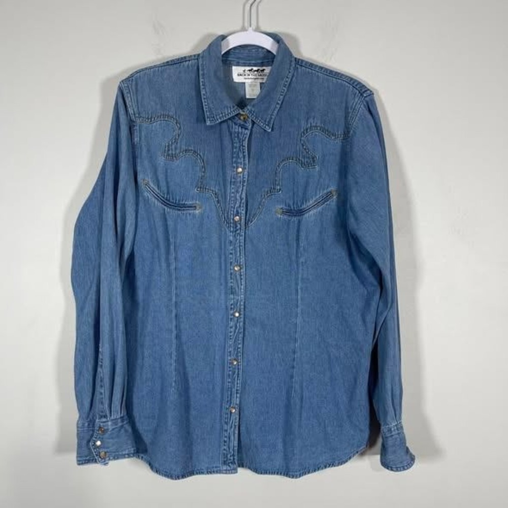 Back in the Saddle Denim Pearl Snap Shirt Womens XL Western‎ Yolk Boho Festival